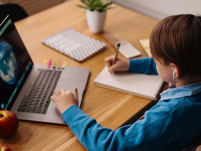 boy studying through laptop and making notes